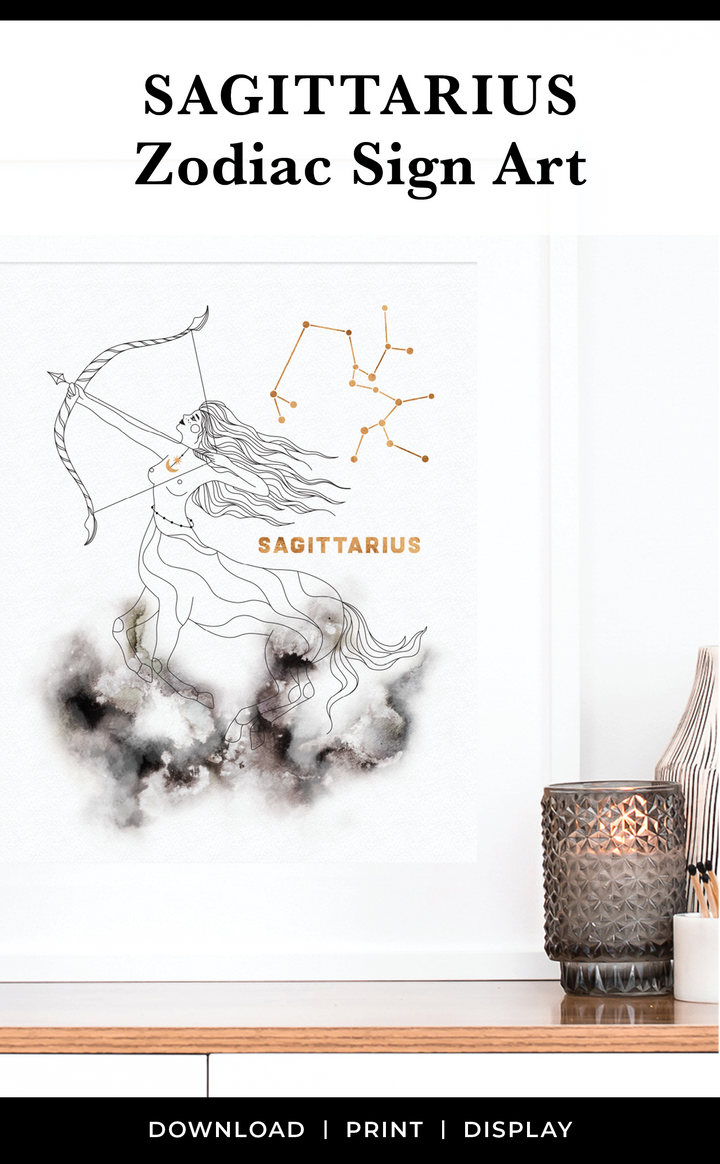 Sagittarius Zodiac Sign Astrology Print with Sagittarius Constellation in black and gold