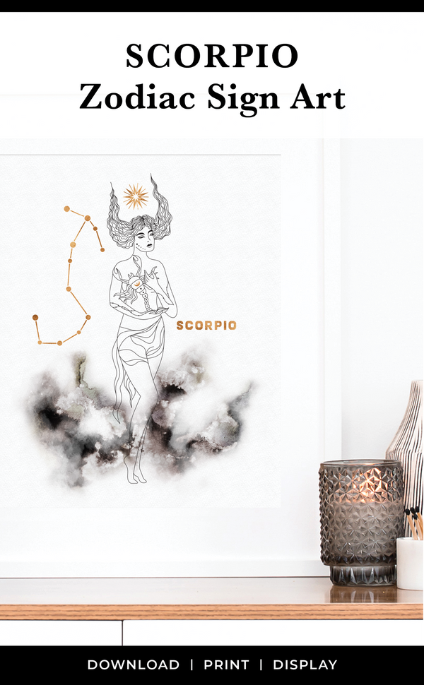 Scorpio Zodiac Sign Astrology Print with Scorpio Constellation in black and gold