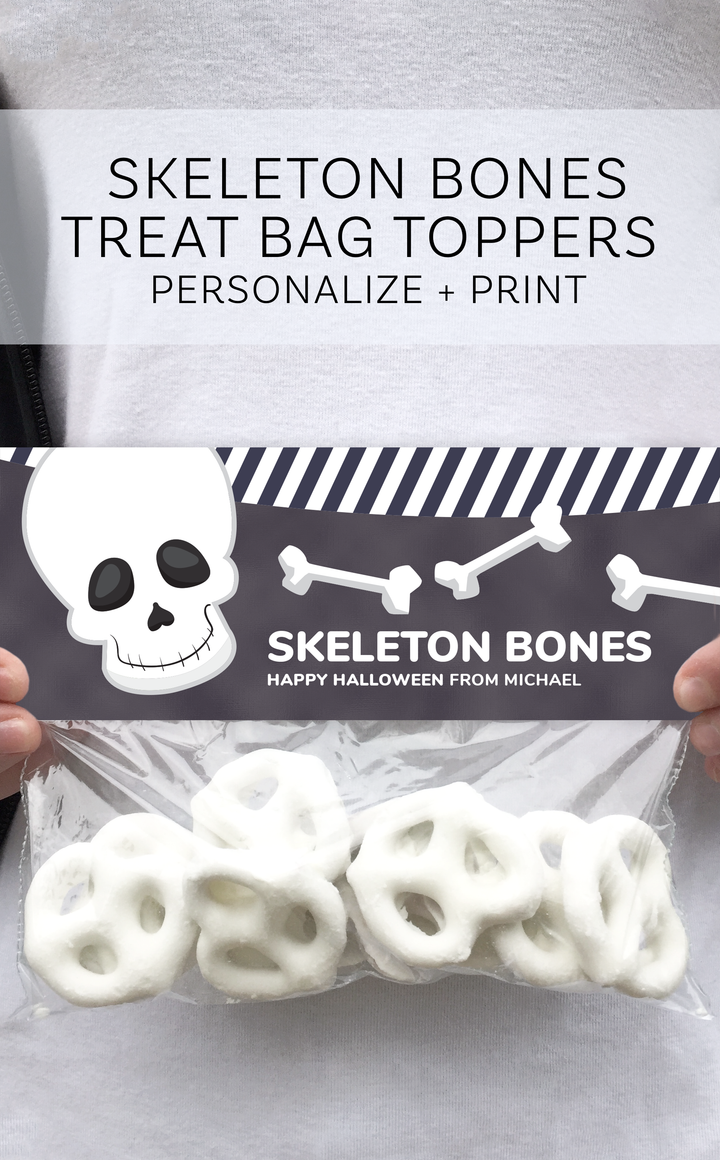 Skeleton bones Halloween treat bag with yoghurt pretzels