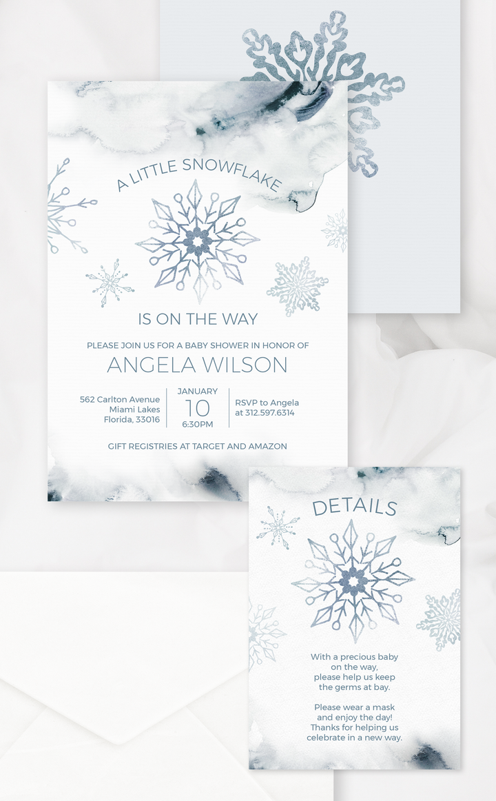 Snowflake Baby Shower Details Cards - ARRA Creative