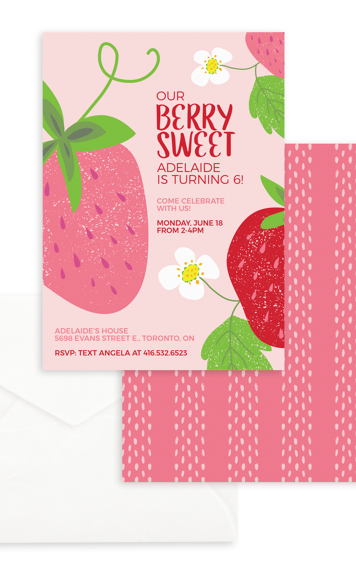 Berry Sweet Strawberry Birthday Invitation with pink and red strawberries and blossoms