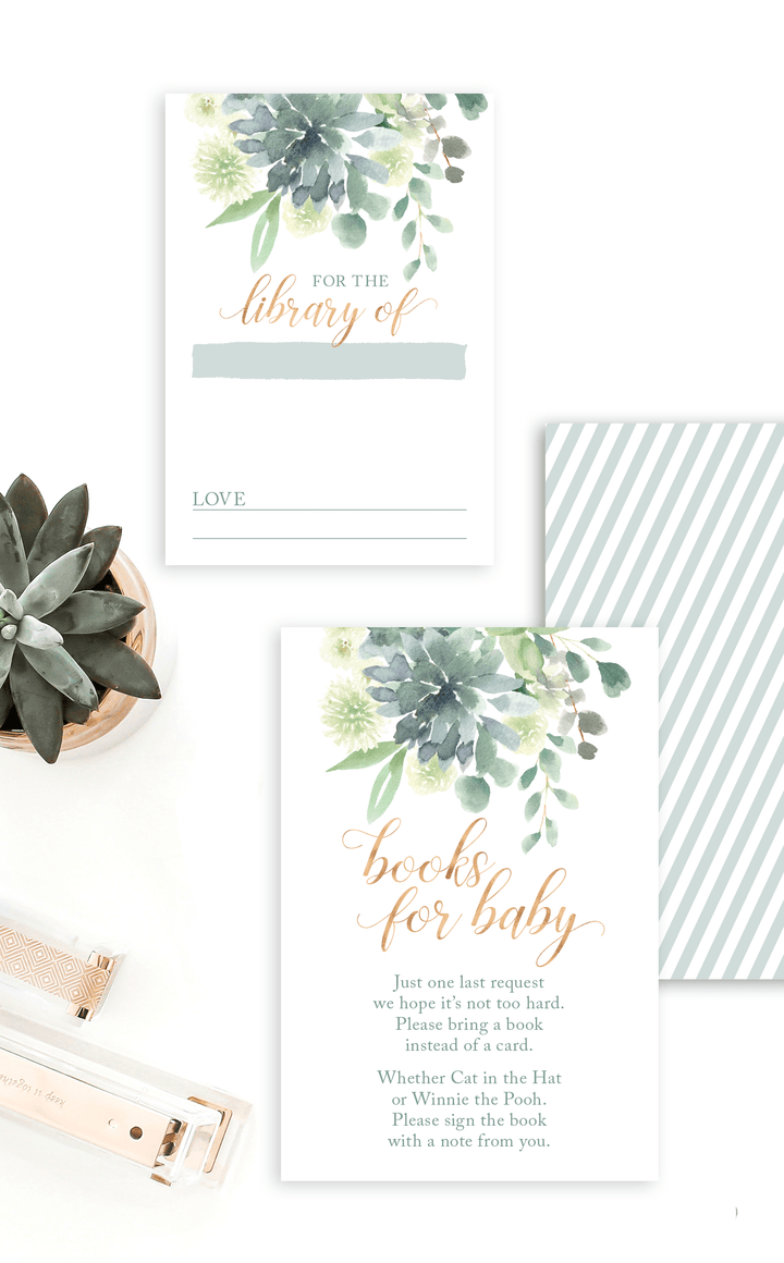 Succulent Books for Baby invitation insert cards and book labels for Baby Shower