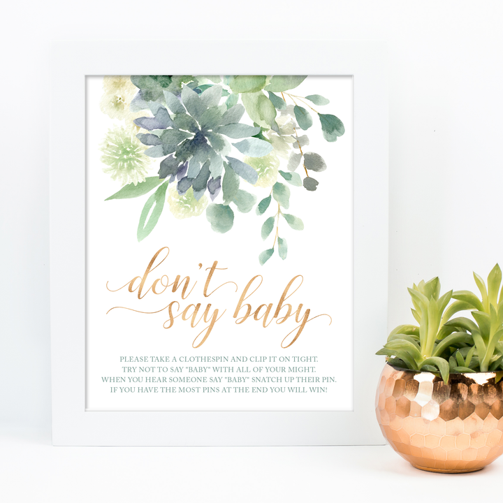 Succulent Baby Shower Don't Say Baby Clothespin Game Sign - ARRA Creative