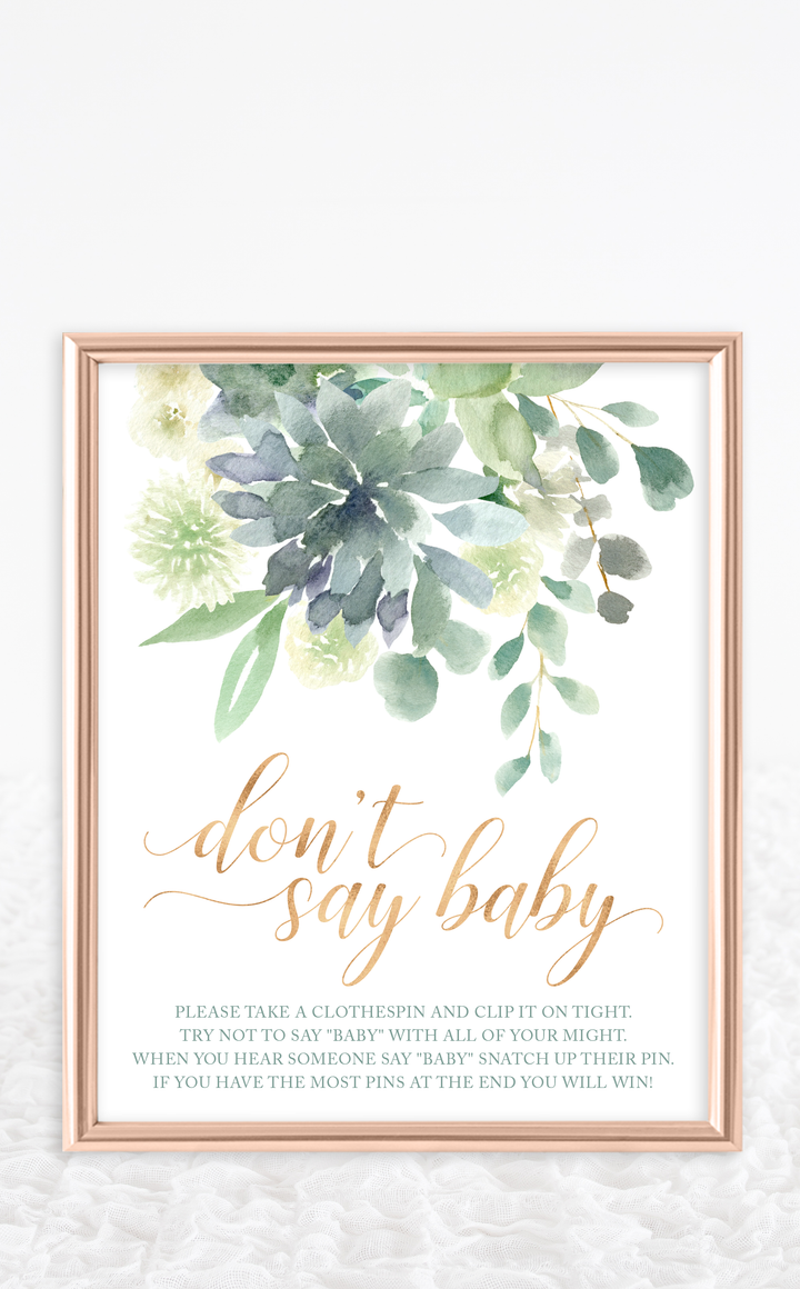 Succulent Baby Shower Don't Say Baby Clothespin Game Sign - ARRA Creative