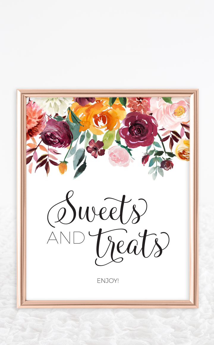 Burgundy floral sweets and treats sign in gold frame at bridal shower