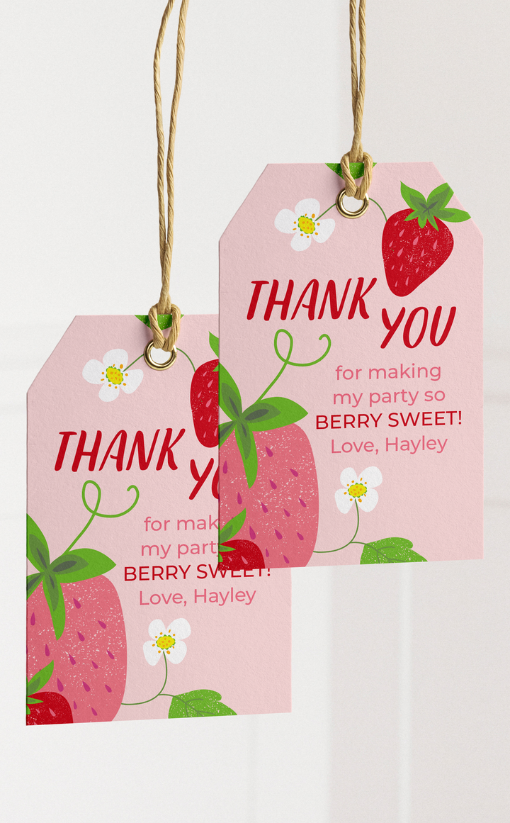 Berry sweet strawberry birthday party favour tags - thank you for making my party so berry sweet