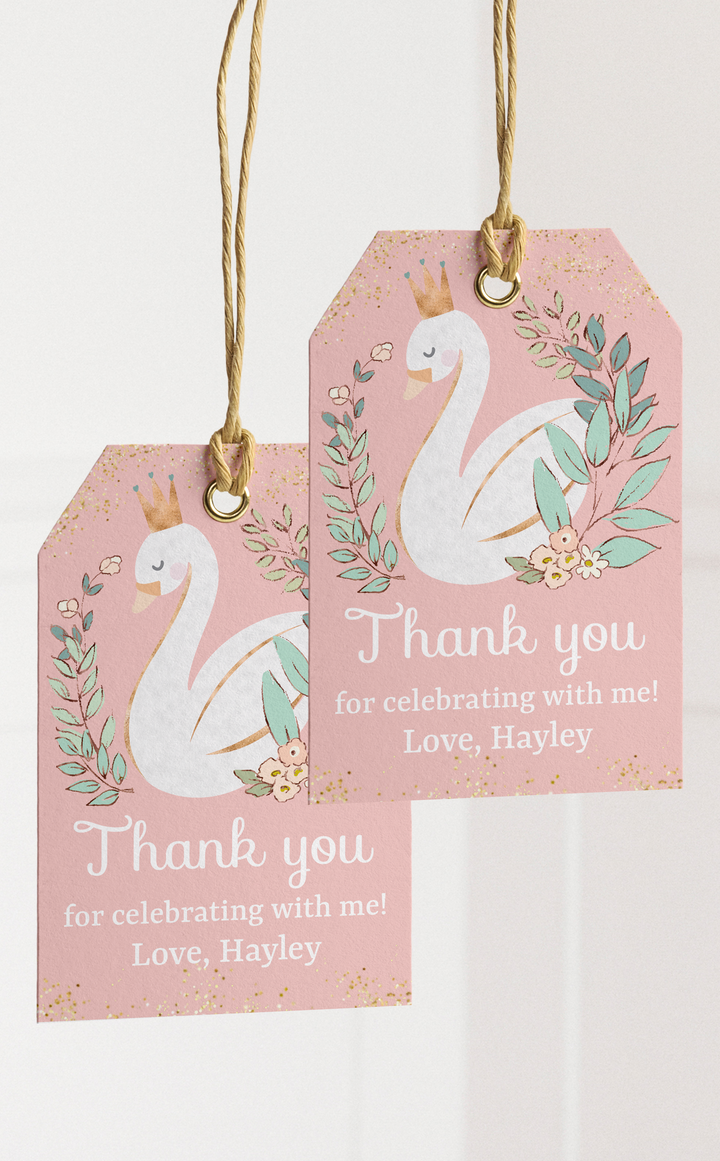 Swan thank you party favour tags for swan themed birthday party in pink, white and mint green
