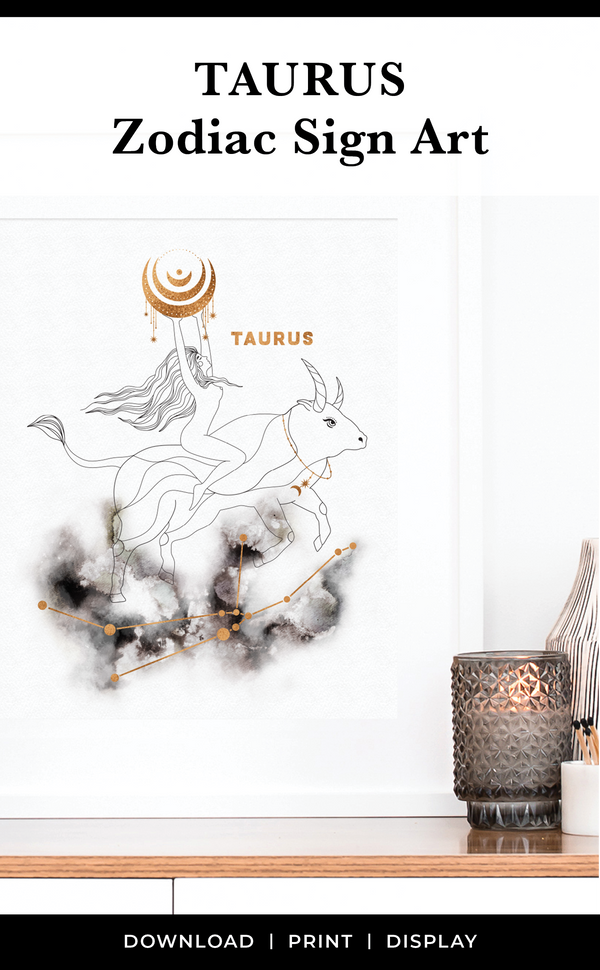 Taurus Zodiac Sign Astrology Print with Taurus Constellation in black and gold