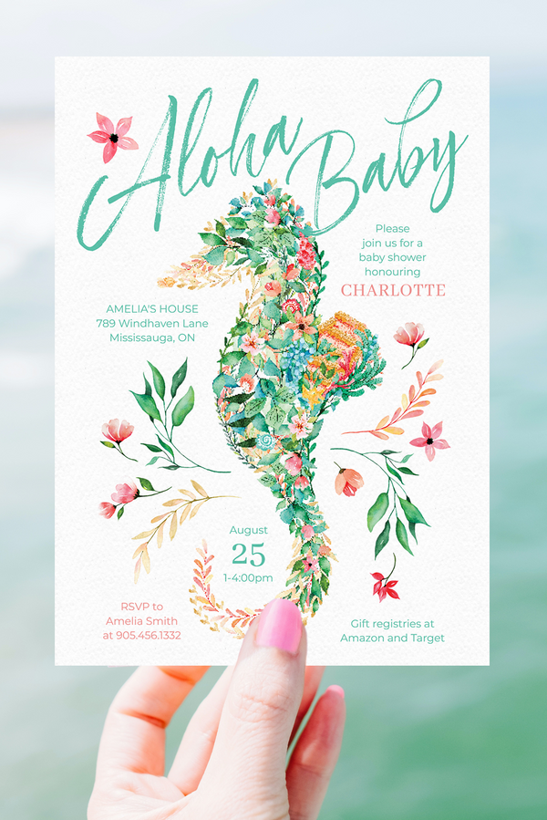 Tropical Seahorse Baby Shower Invitation Template