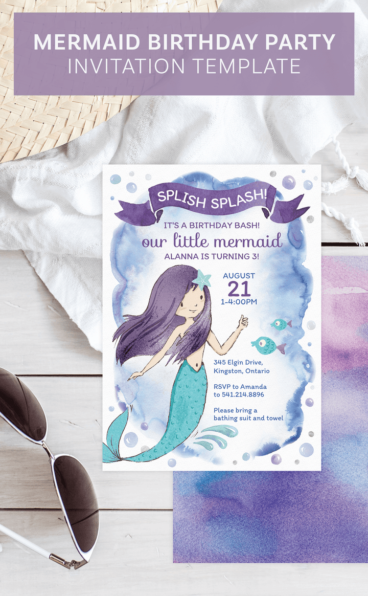 Mermaid birthday party invitation for under the sea party in purple and teal