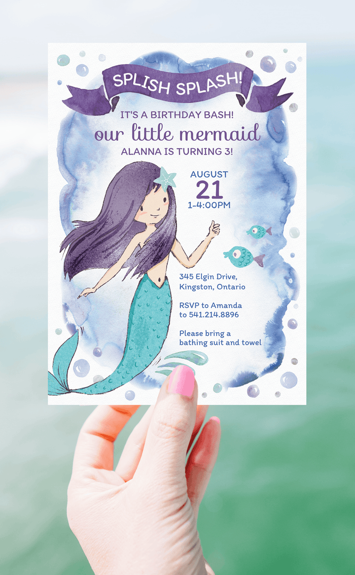 Mermaid birthday party invitation for under the sea party in purple and teal