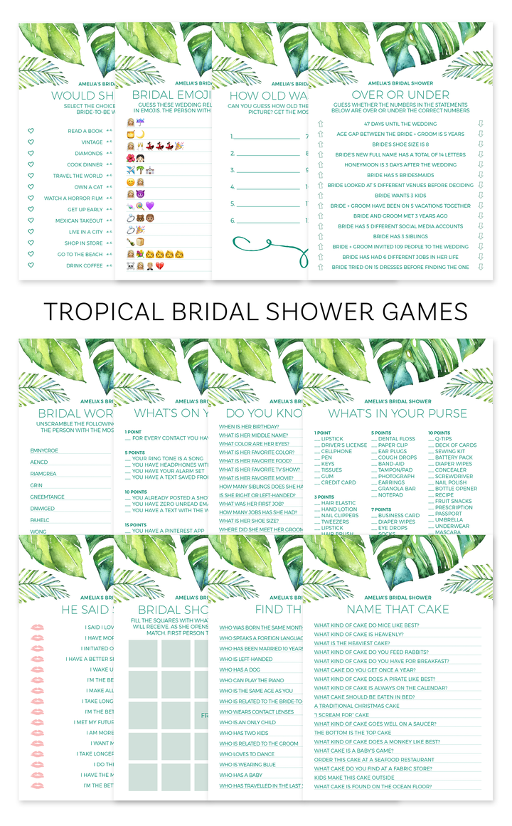 Tropical Bridal Shower Games Bundle - ARRA Creative