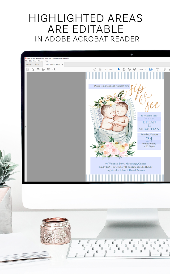 Twin Boys Sip and See Baby Shower Invitation - ARRA Creative