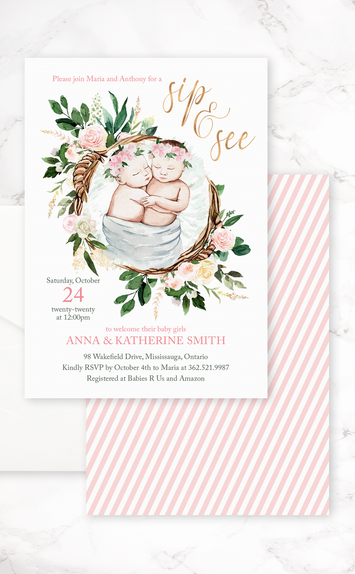 Twin Girls Sip and See Baby Shower Invitation - ARRA Creative