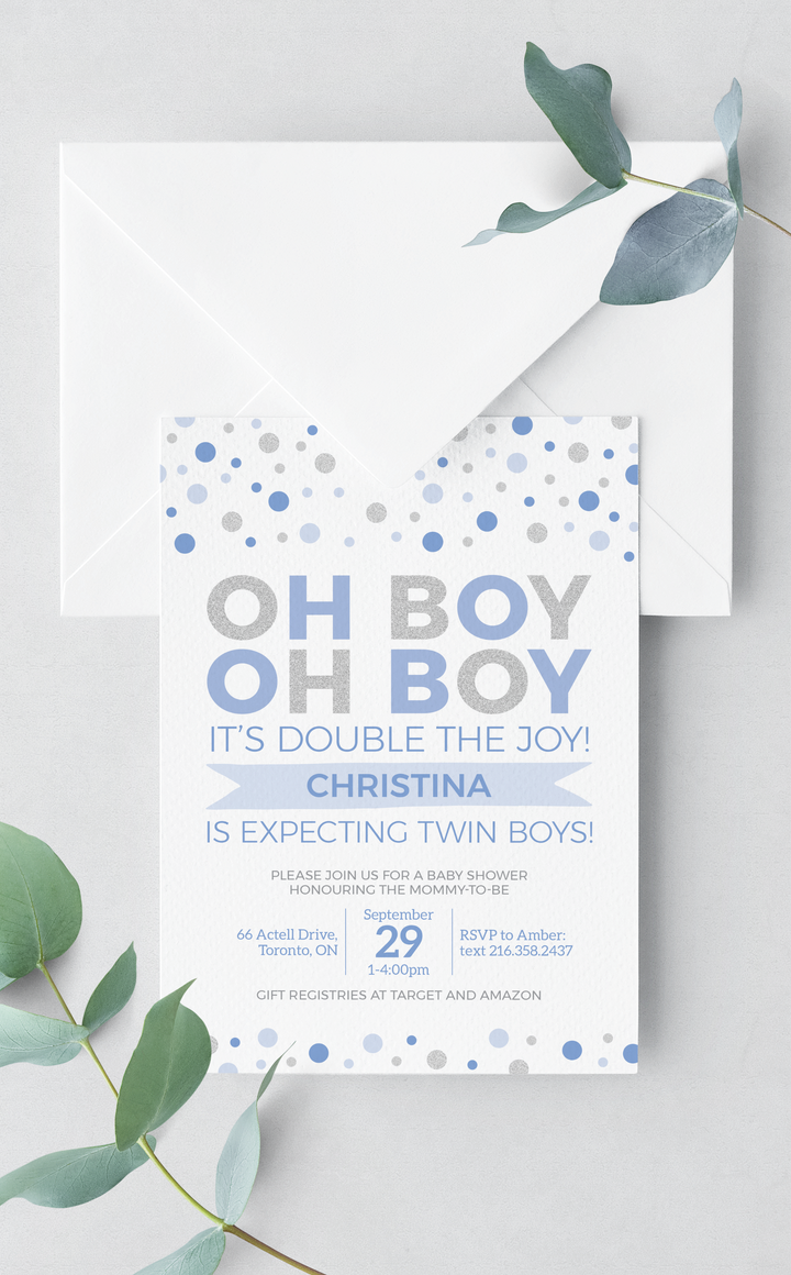 Twin Boys Baby Shower Invitation Blue and Silver