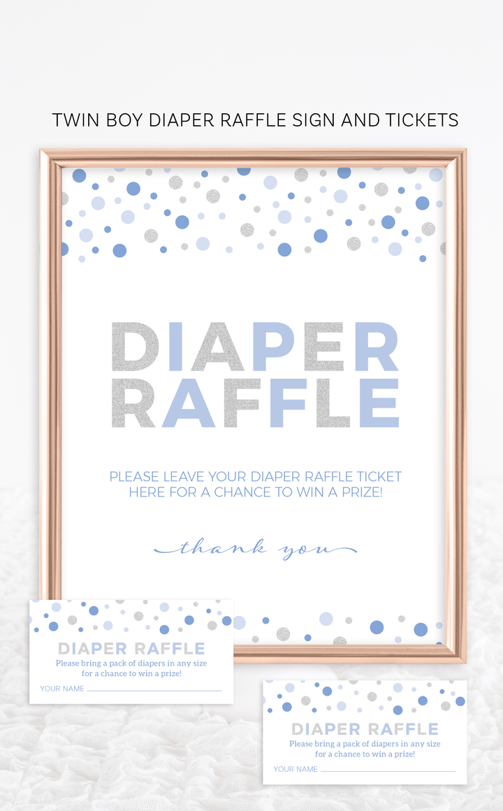 Blue and silver diaper raffle sign and matching tickets for boy baby shower