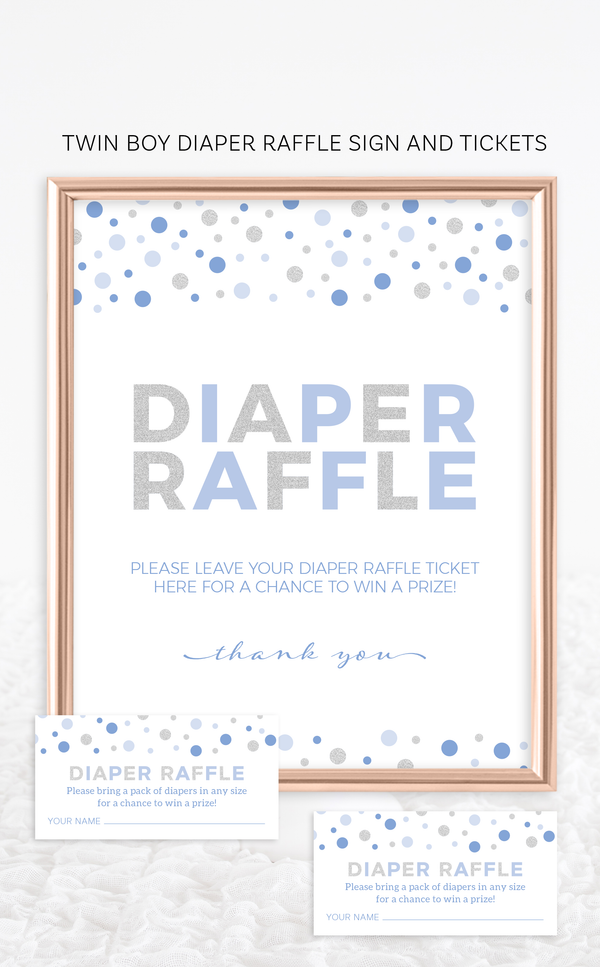 Blue and silver diaper raffle sign and matching tickets for boy baby shower
