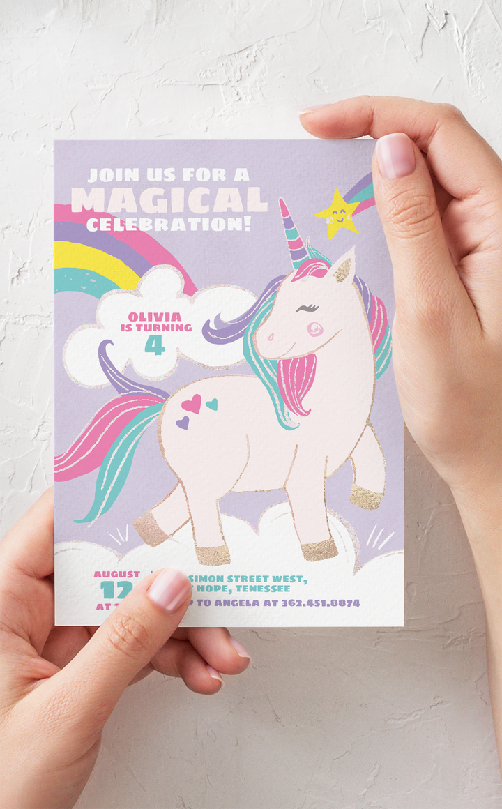 Unicorn birthday invitation for girl birthday party with rainbow and unicorn design