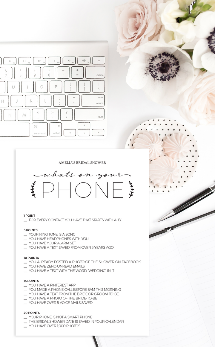 Navy What's On Your Phone Bridal Shower Game - ARRA Creative