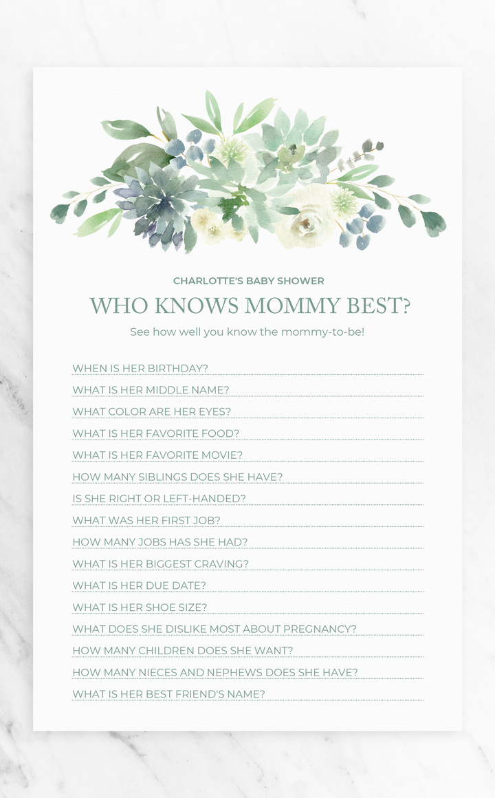 Succulent Who Knows Mommy Best Baby Shower Game - ARRA Creative