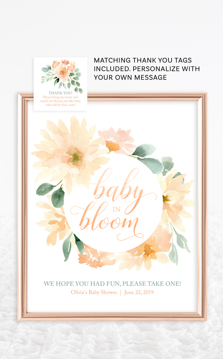 Baby in Bloom sign with peach dahlias and greenery in gold frame for Baby Shower