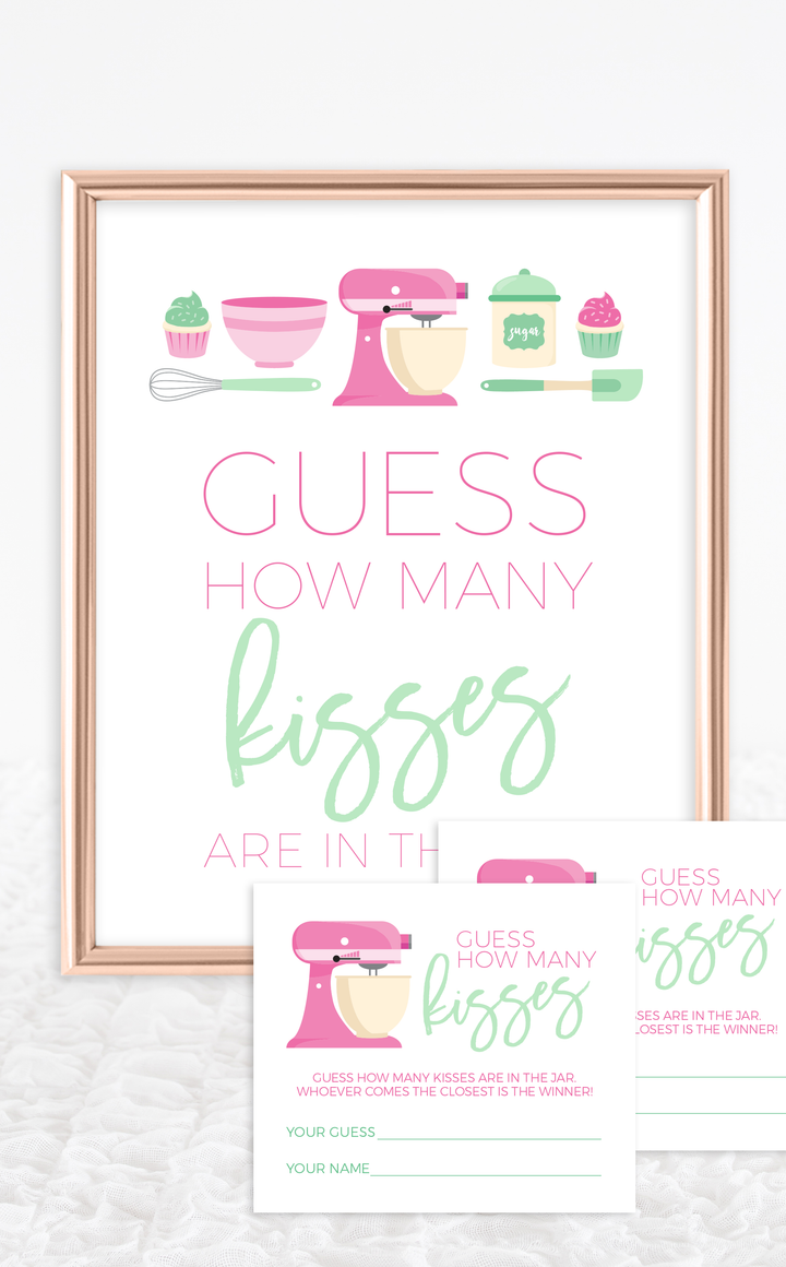 Pink guess how many kisses bridal shower game sign and cards with baking theme