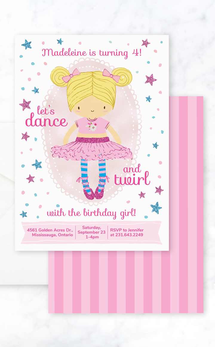 Blonde ballerina birthday invitation for girl dance party
