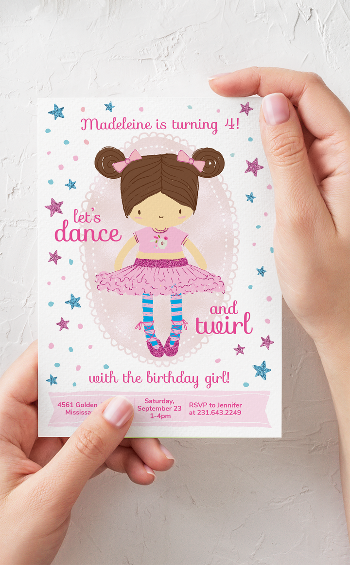 Brunette ballerina birthday invitation for girl dance party