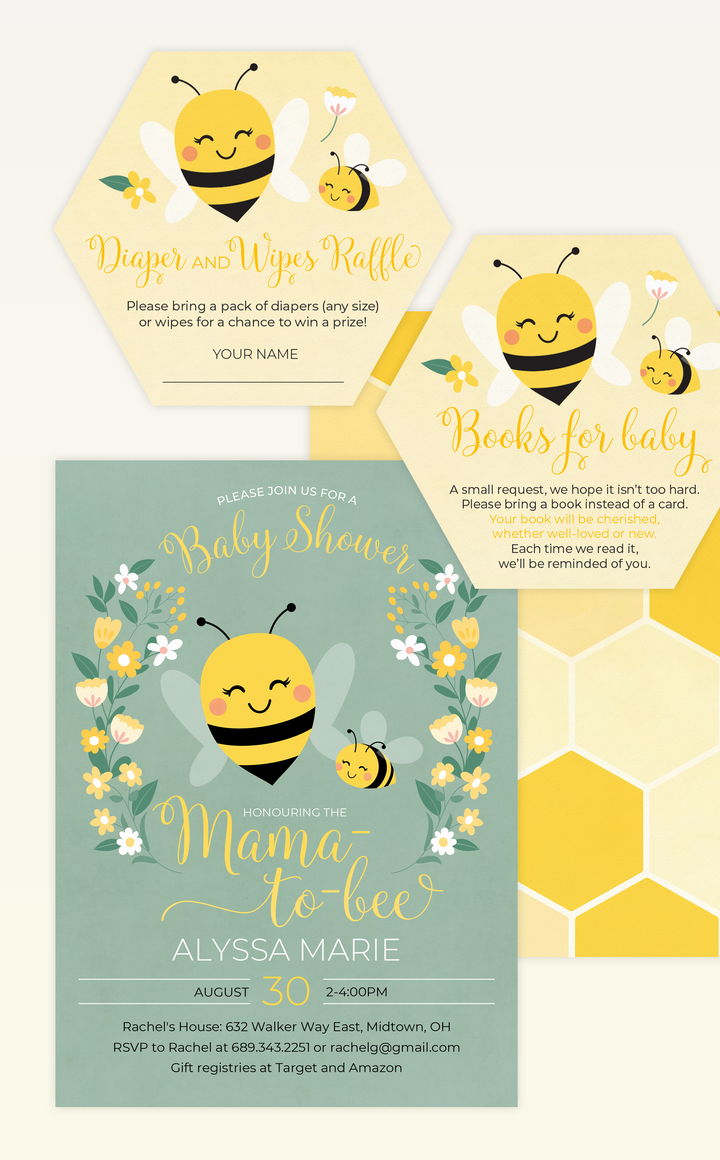 Bee baby shower invitation, diaper raffle sign and tickets and books for baby cards
