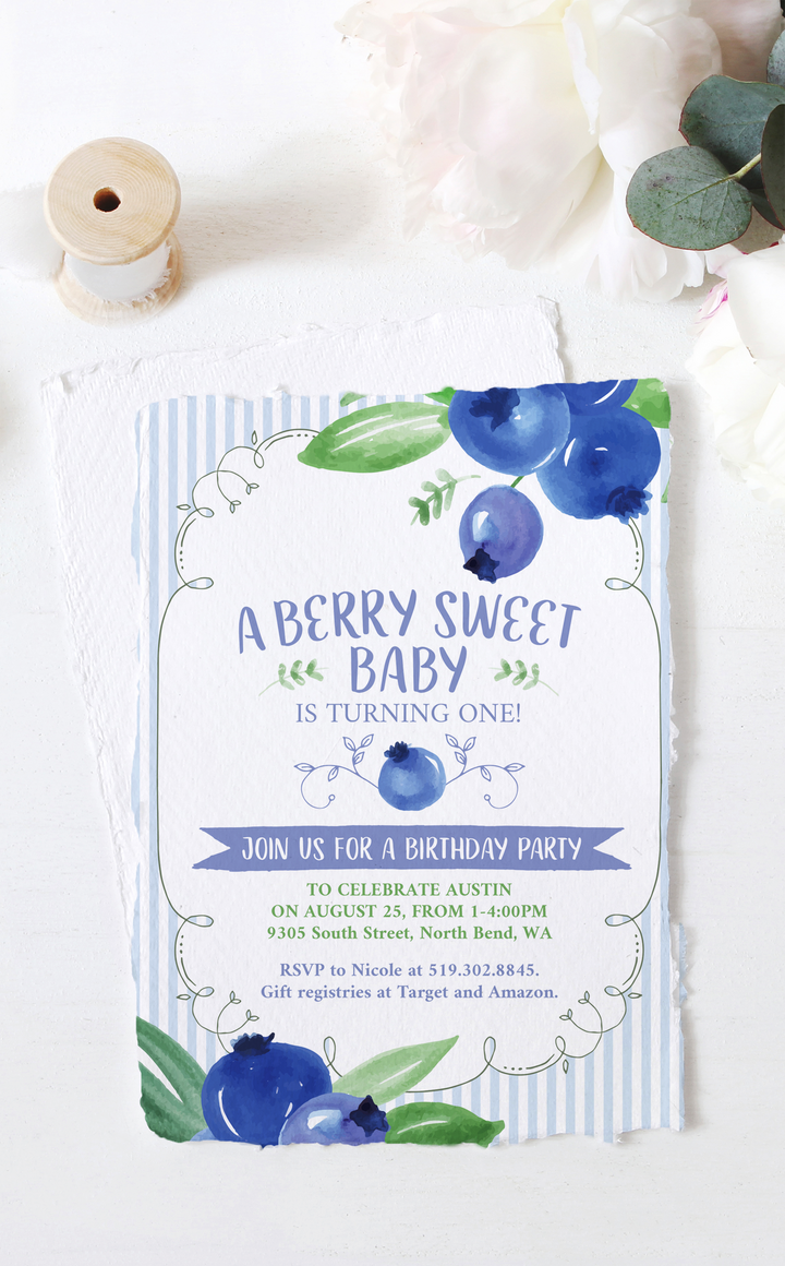 Boy birthday party invitation with blueberries for first birthday party