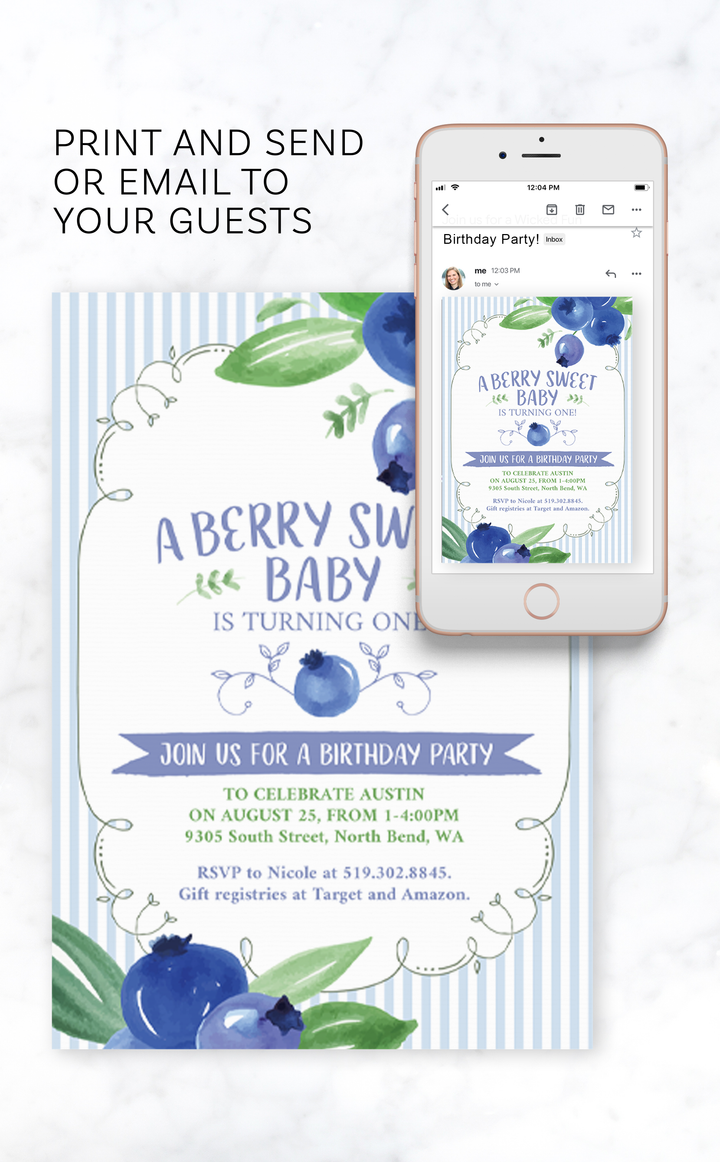 Blueberry First Birthday Party Invitation - ARRA Creative
