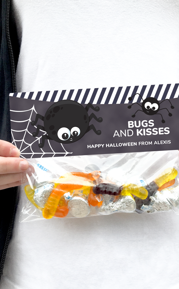 Bugs and kisses Halloween treat bag topper with Hershey kisses and gummy worms