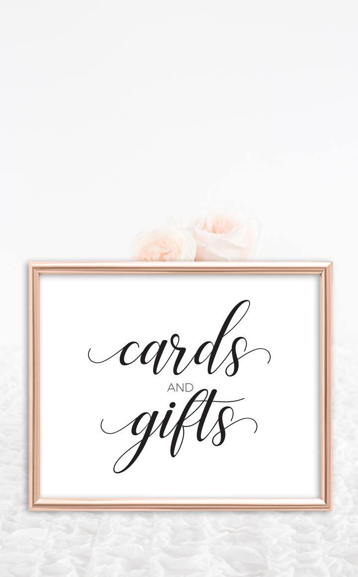 Black and white cards and gifts sign at Wedding reception