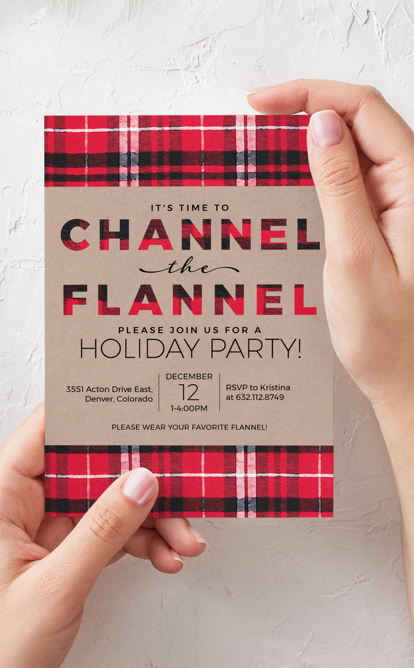 Buffalo Plaid Christmas party invitation for a Channel the Flannel themed Holiday party