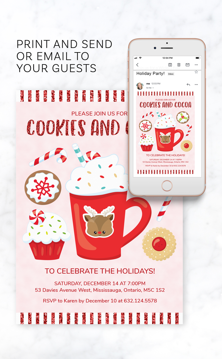 Cookies and Cocoa Christmas party invitation for kids, hot chocolate and cookies