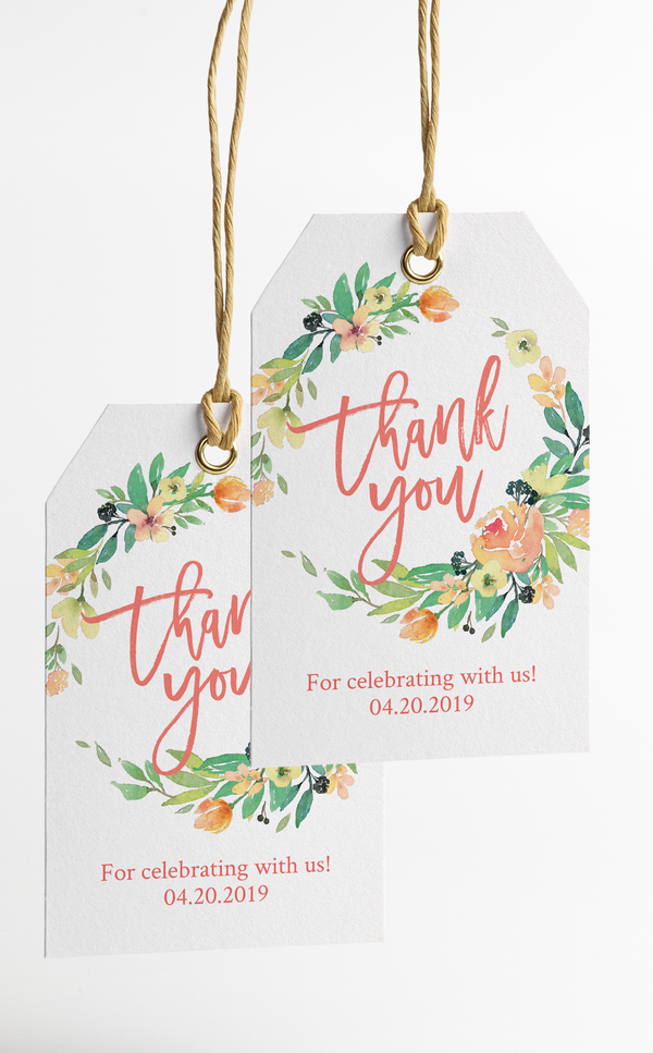 Bridal shower thank you tags, peach and green wreath design