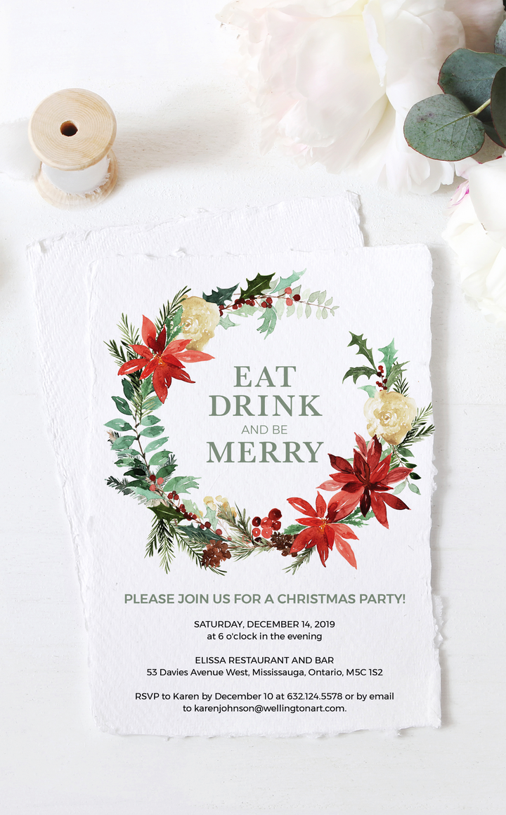 Eat, Drink and Be Merry Christmas party invitation with poinsettia wreath