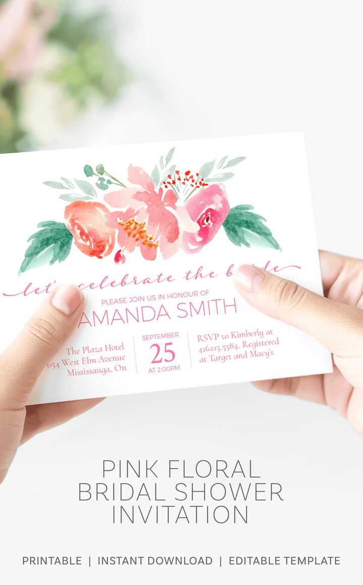 Pink Floral Bridal Shower Invitation Template - ARRA Creative