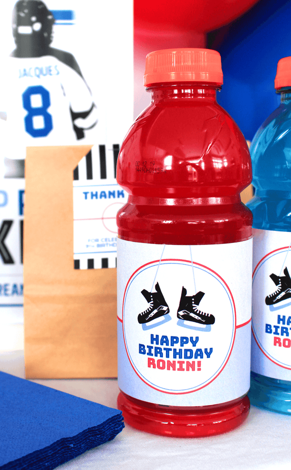 Hockey birthday labels with skate design on Gatorade bottles