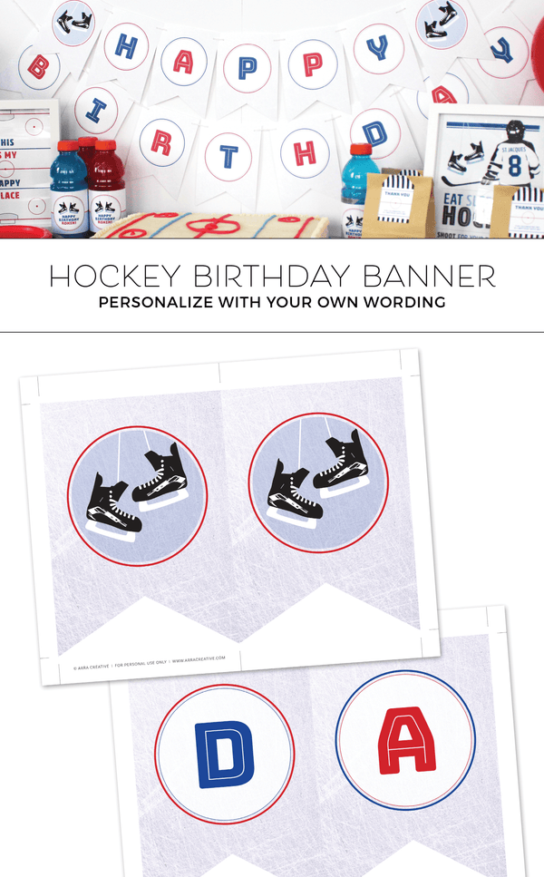 Printable birthday party banner for Hockey party with ice skates