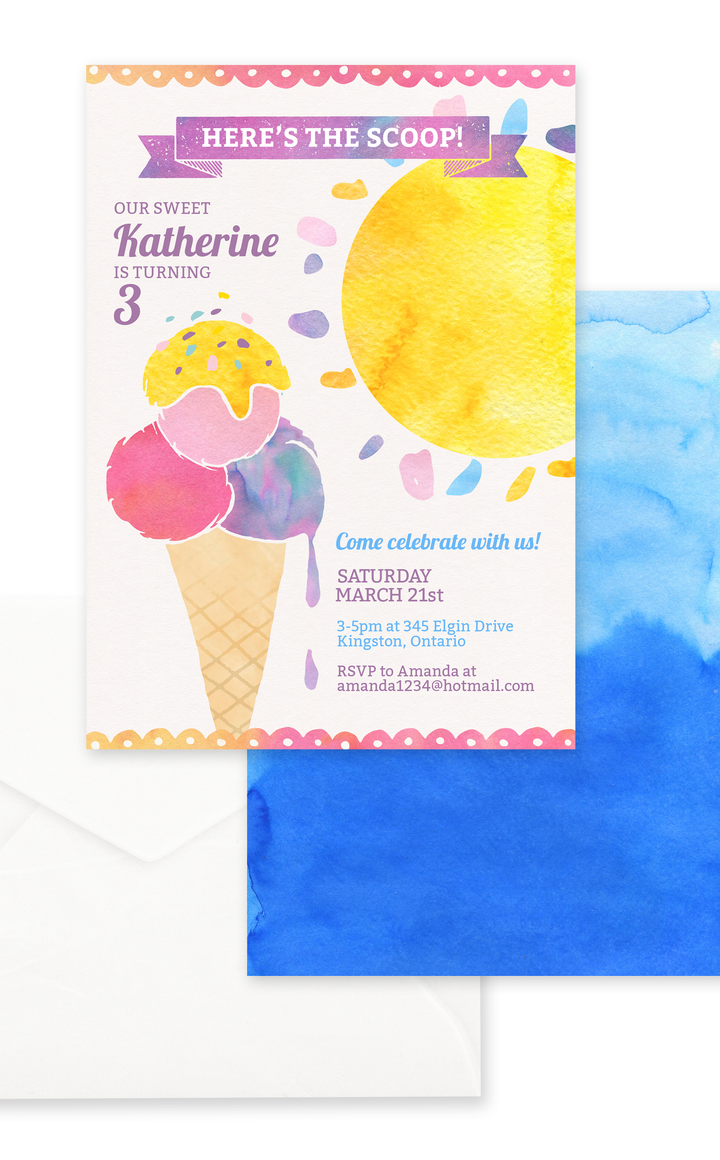 Ice cream party birthday invitation for kids party with ice cream and sunshine