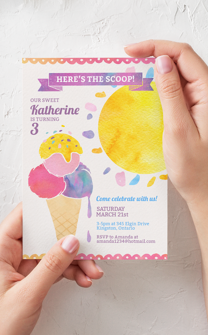 Here's the Scoop Ice Cream Birthday Party Invitation - ARRA Creative