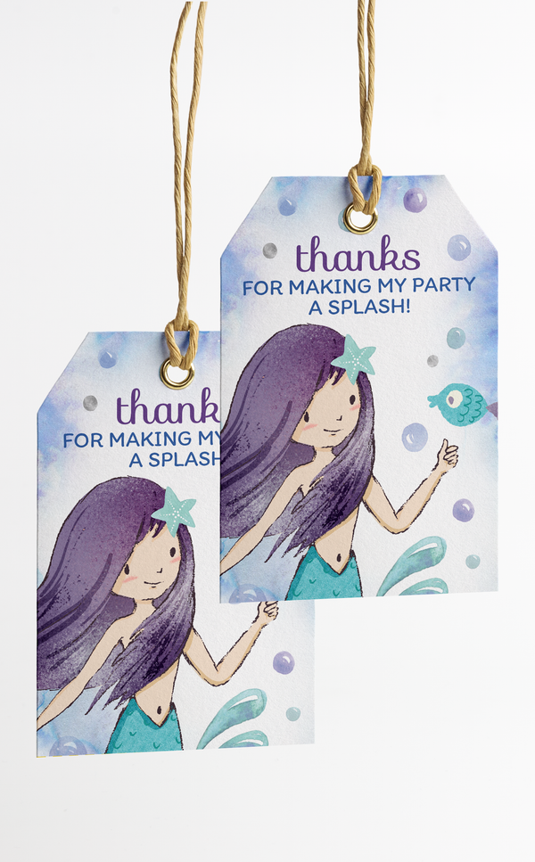 Mermaid thank you tags for girl birthday party favors in purple and teal