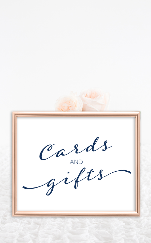 Navy cards and gifts sign on display at bridal shower