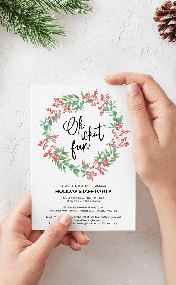 Oh What Fun Christmas party invitation with holiday wreath design