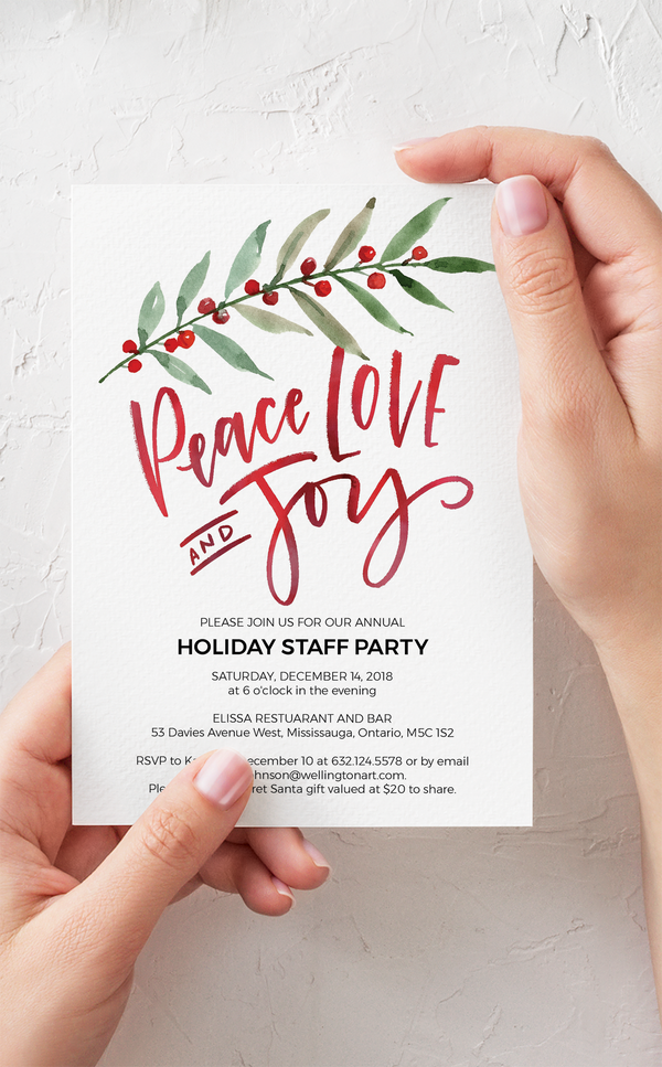 Peace Love and Joy Printable Holiday Party Invitation