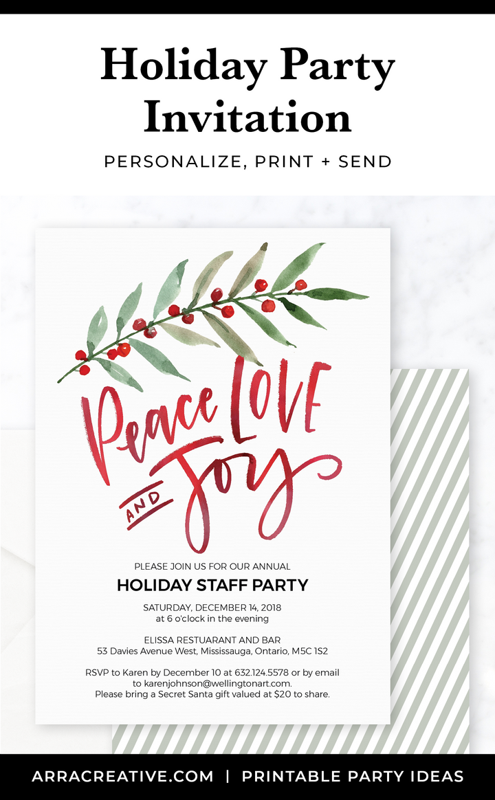 Peace Love and Joy Printable Christmas Party Invitation
