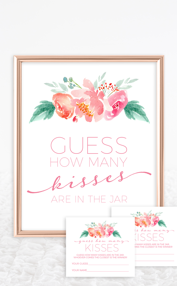 Pink guess how many kisses bridal shower game sign and guessing cards