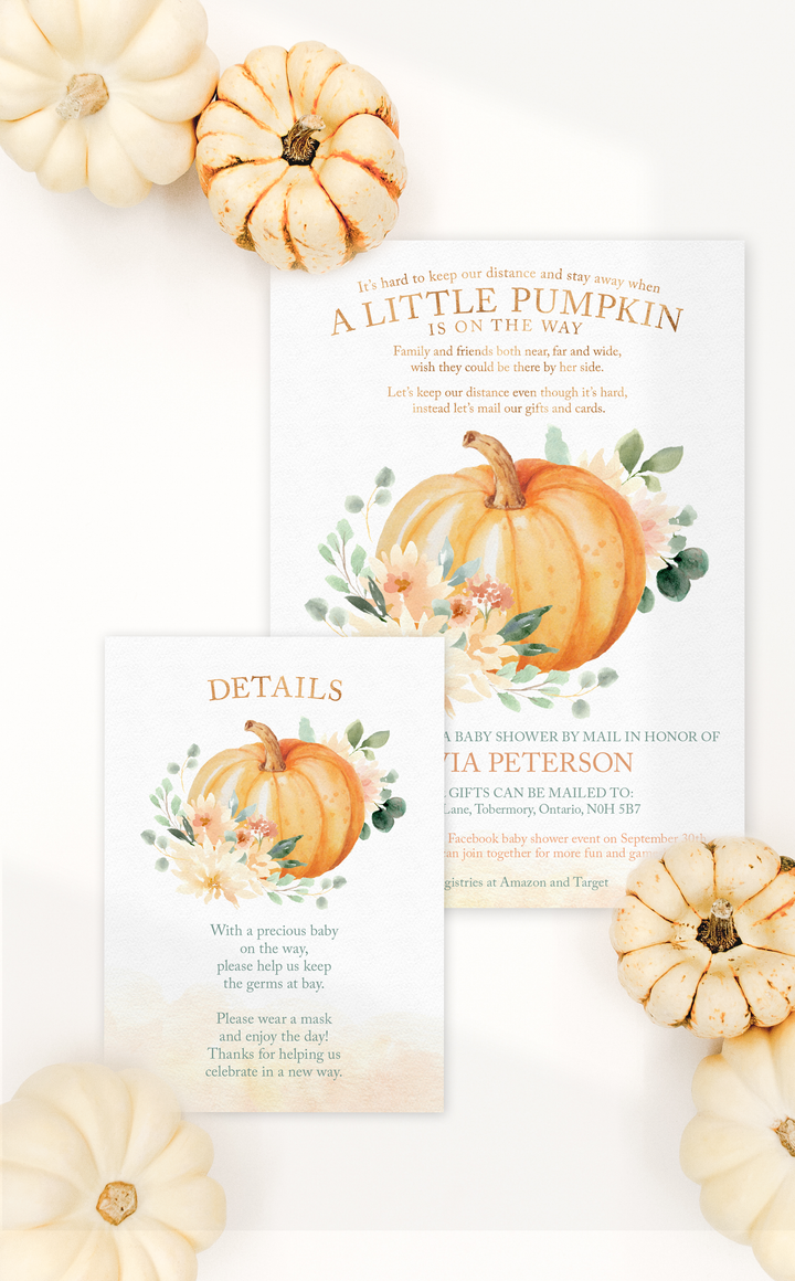 Pumpkin Baby Shower Details Cards - ARRA Creative