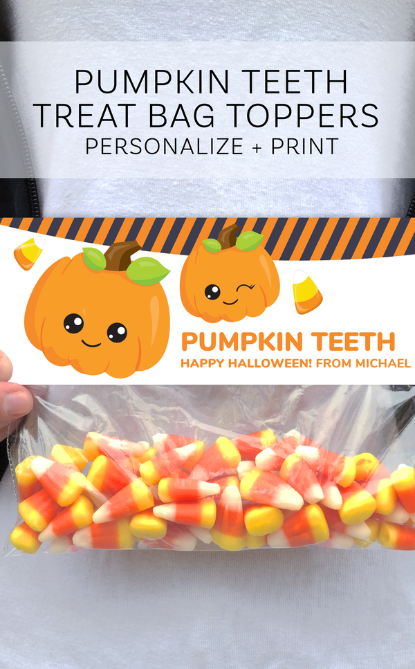Pumpkin teeth treat bag for Halloween filled with candy corn